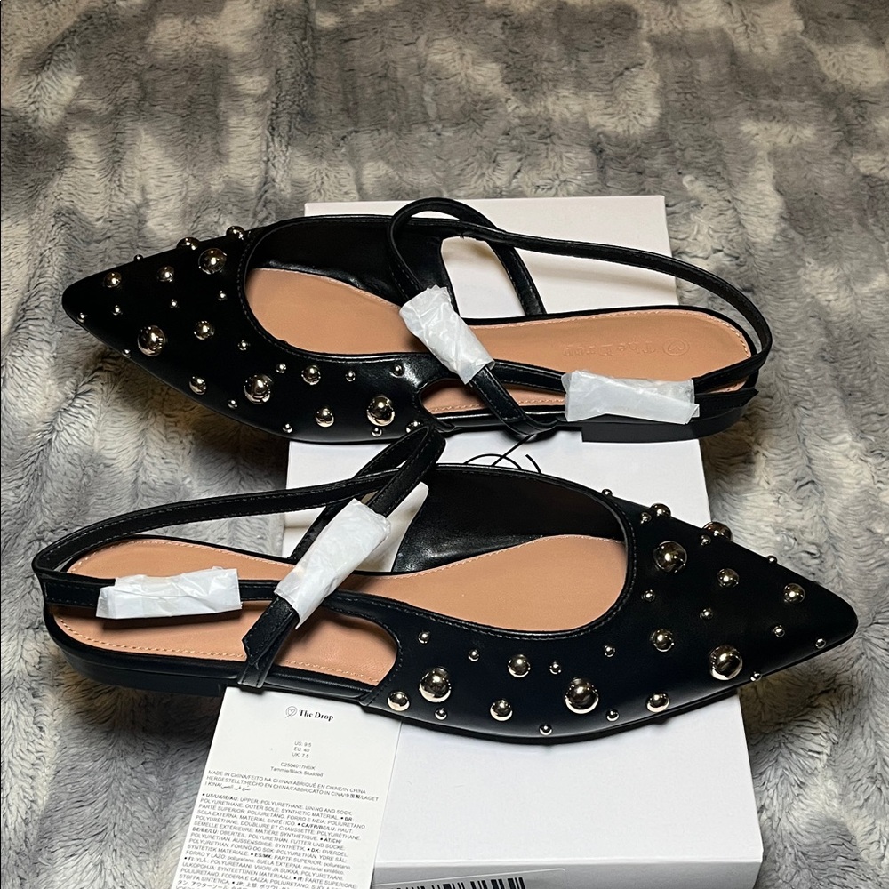 The Drop Tammie Pointed Toe Black Studded Slingback Flats - Picture 5 of 11